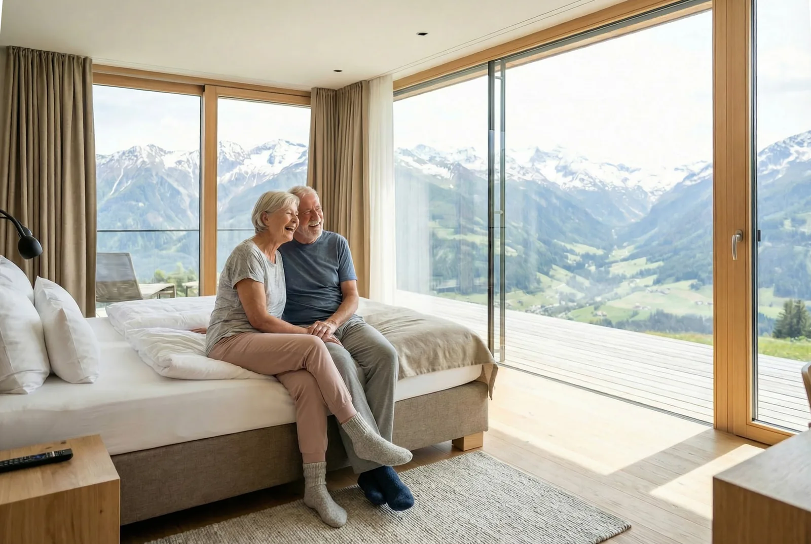 Older couple on the bed in front of floor-to-ceiling windows onto snow-covered mountains