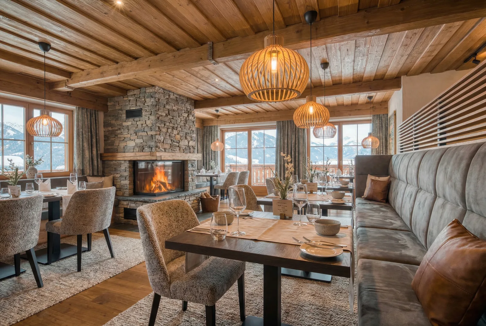 Mountain hotel restaurant with open fireplace, wicker pendants and windows onto snowy peaks