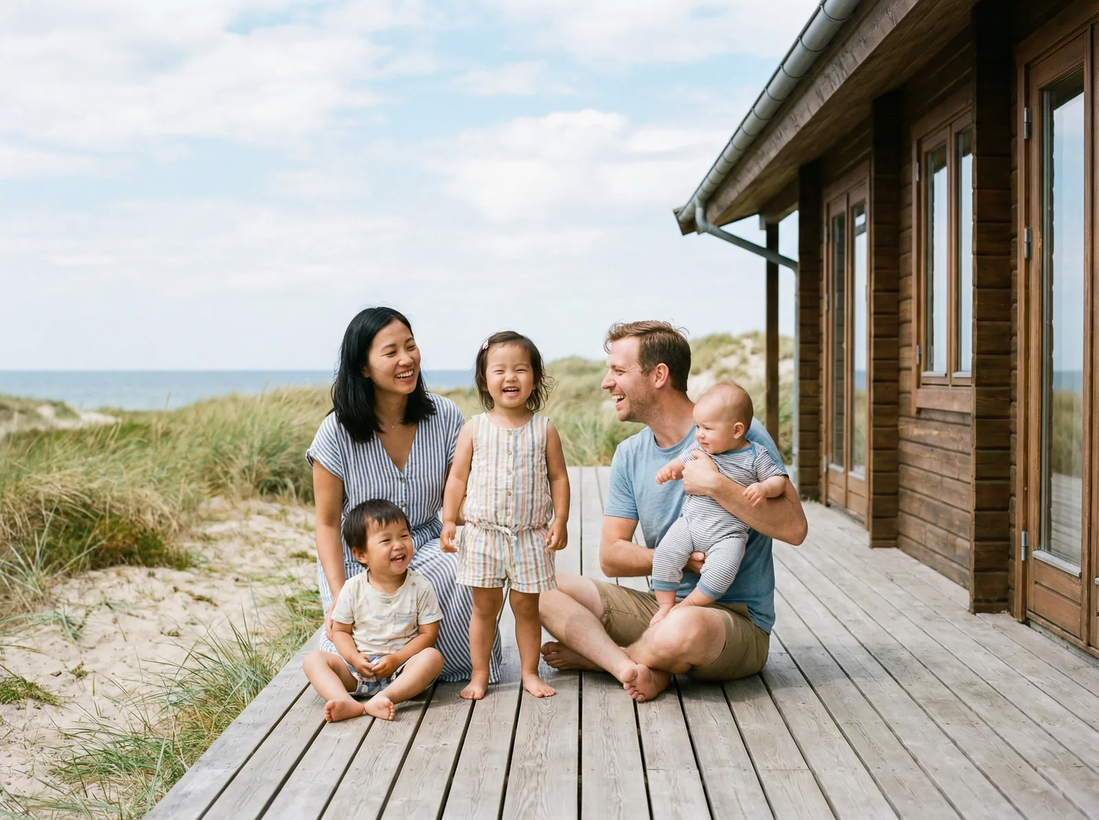 Family with three children on the wooden deck of a holiday home in the dunes