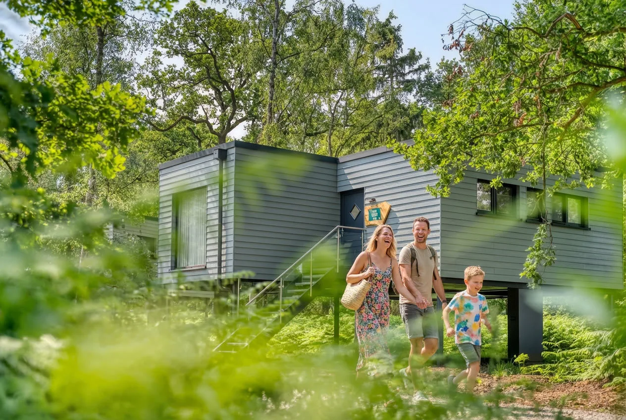 Familie kommt aus dem Ferienhaus im Wald, gesehen durch belaubte Zweige