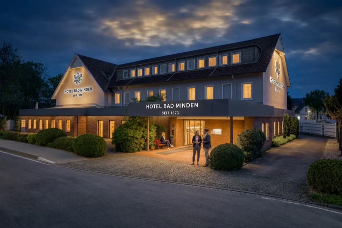 Hotelfassade zur blauen Stunde – beleuchteter Eingang, warm erleuchtete Fenster und Gäste davor
