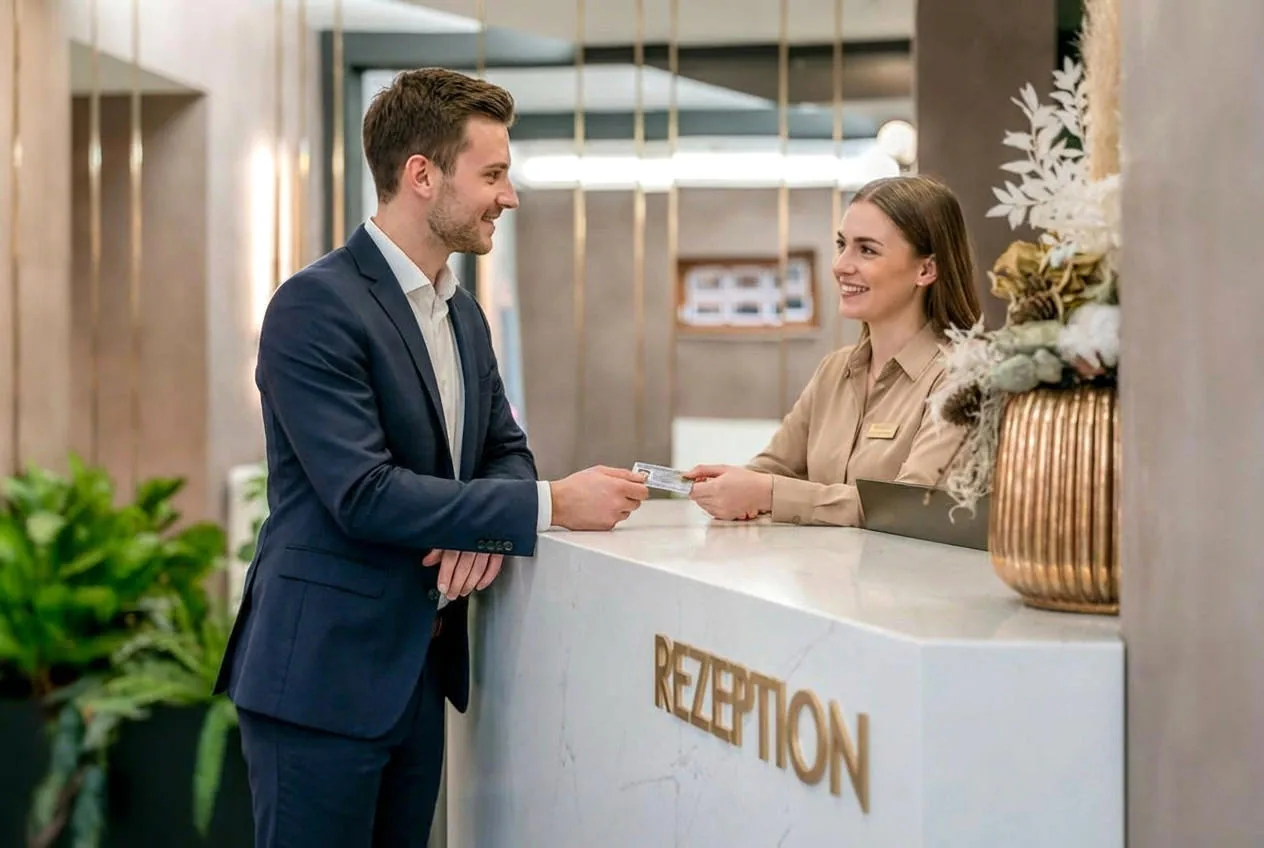 Check-in an der Hotelrezeption – eine Mitarbeiterin übergibt die Zimmerkarte an einen Gast