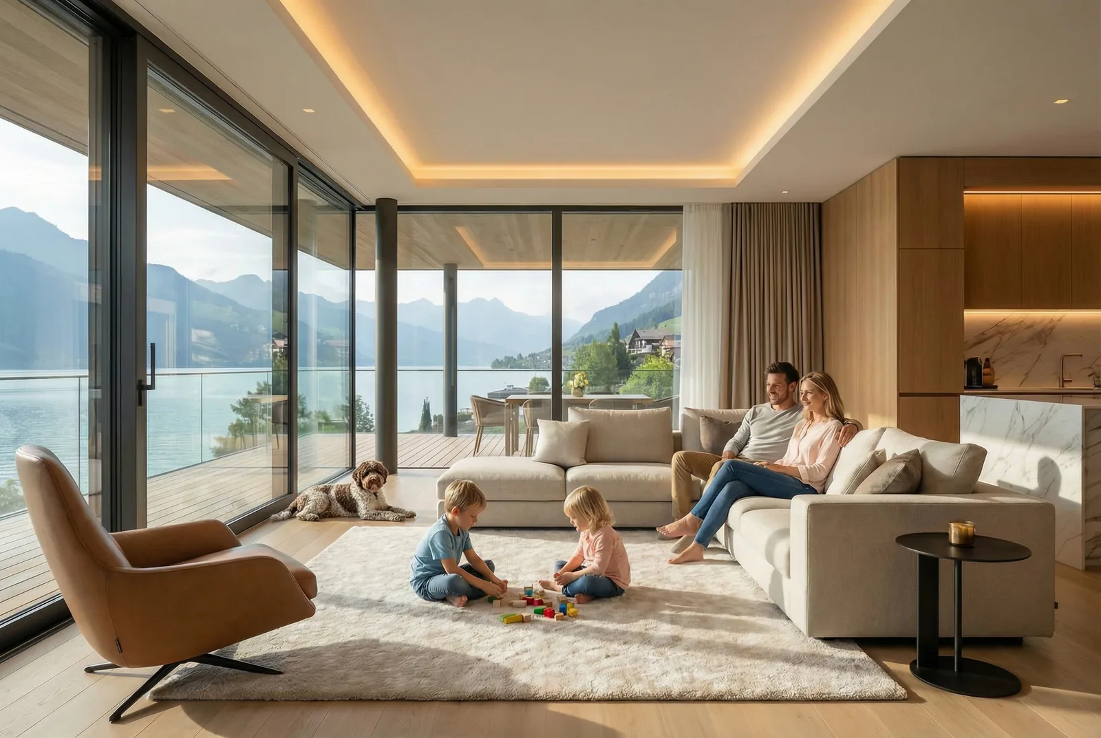 Family in the living area of a suite with floor-to-ceiling windows onto lake and mountains