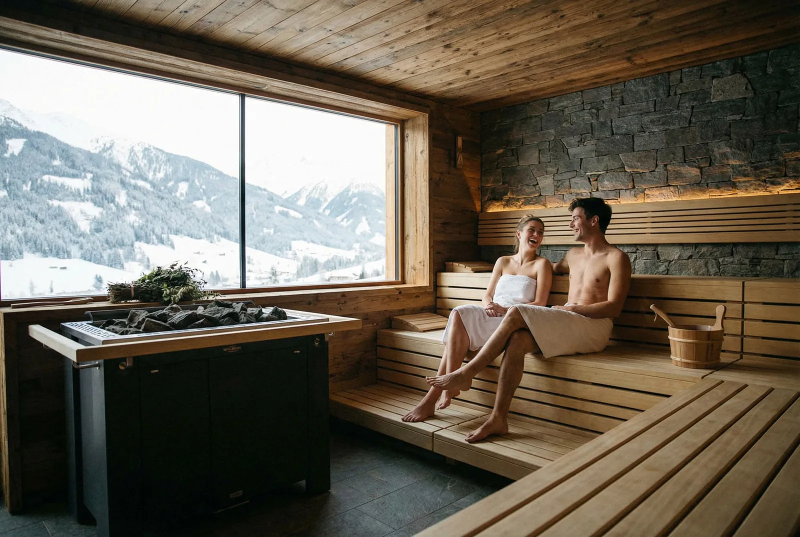 Two guests in the panoramic sauna looking out over the snow-covered mountain range