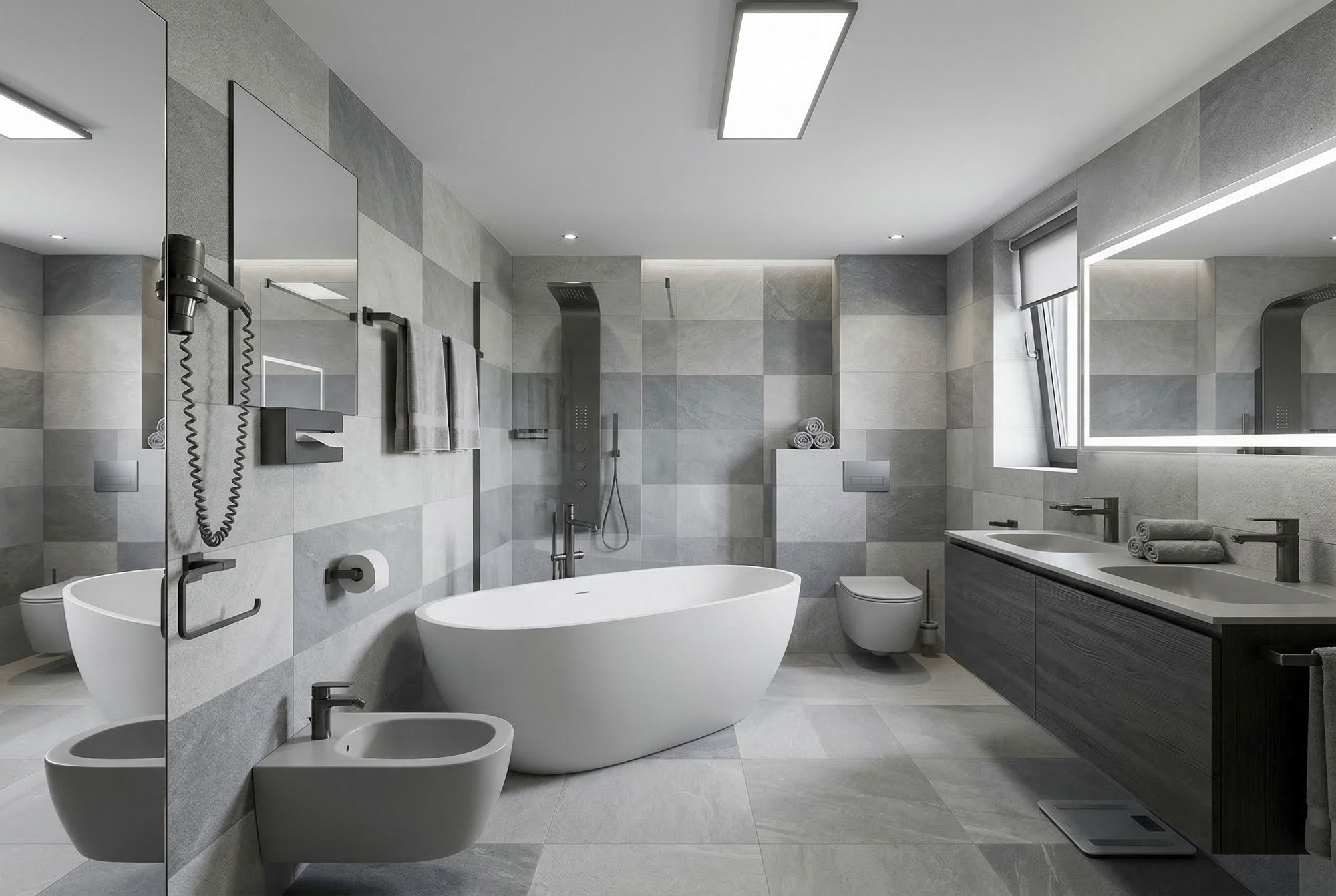Dasselbe Bad als modernes Spa-Bad mit freistehender Wanne